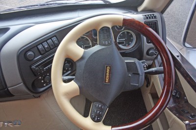 Multifunction steering wheel trimmed in leather and wood veneer - Cannon Euro Variant Luxor Coach, Ireland